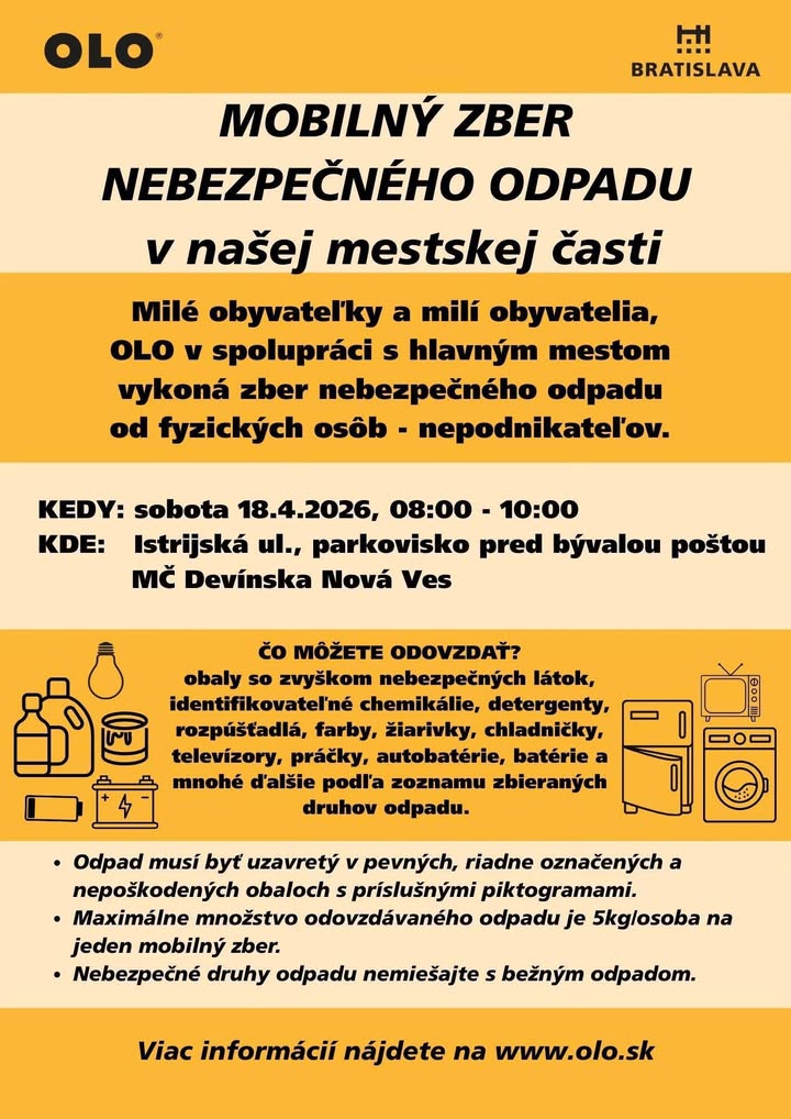 ⏰PRIPOMÍNAME, že už v sobotu môžete na Istrijskej ulici pred bývalou poštou odovzdať svoj nebezpečný odpad a tým zabezpečiť jeho…